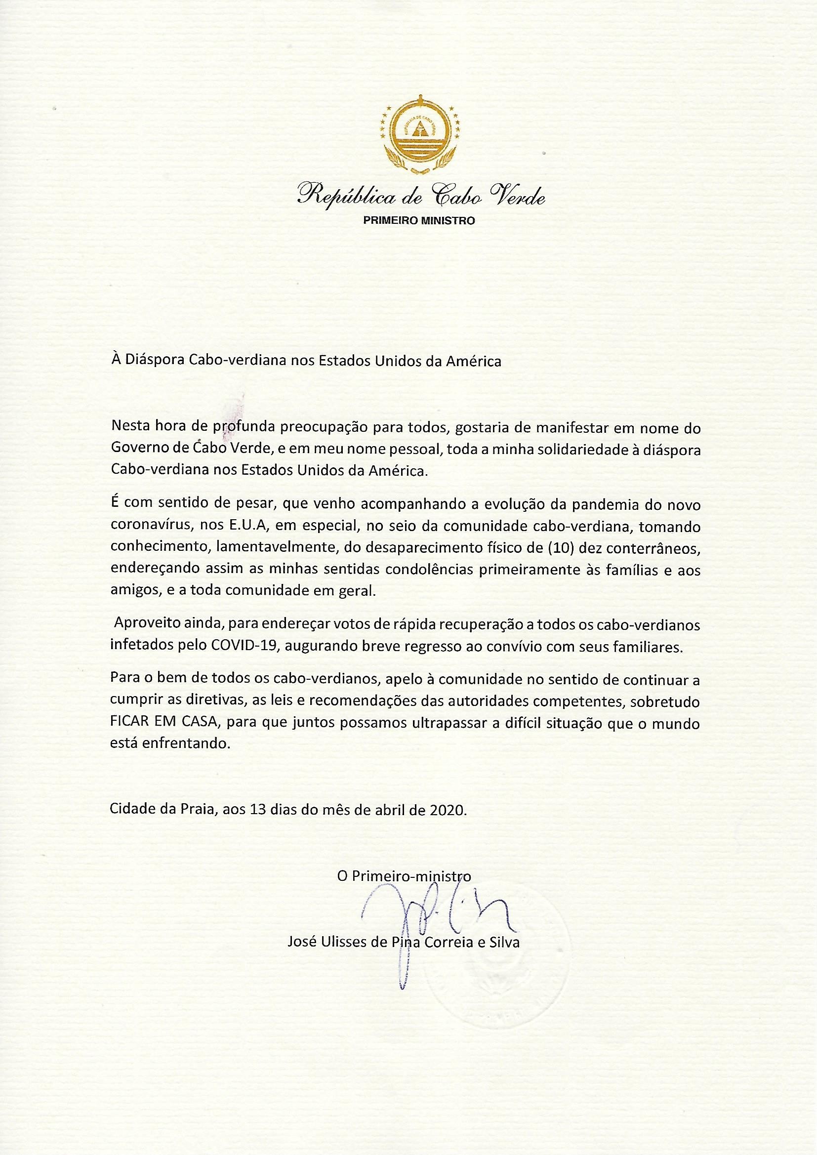 Carta Primeiro Ministro Diáspora Cabo verdiana USA